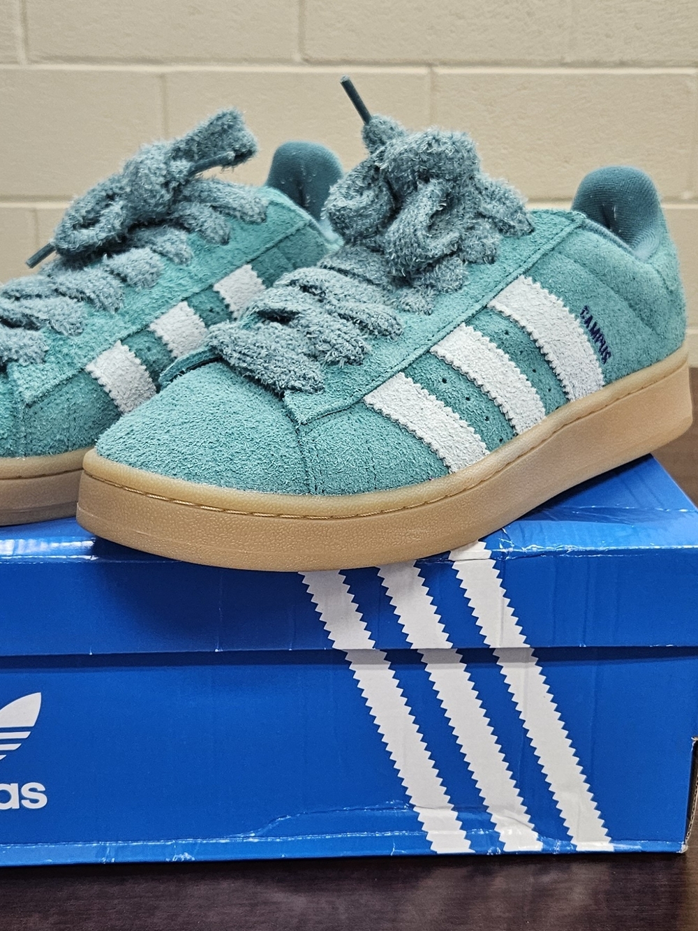 adidas Teal Suede Sneakers with White Stripes and Gum Sole